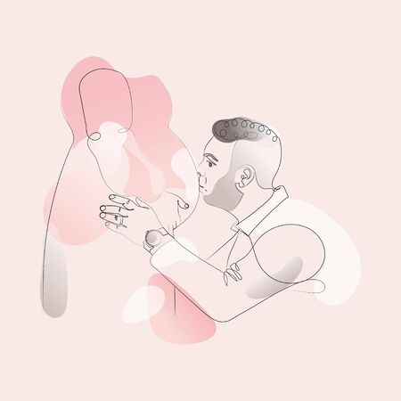 Continuous one line drawing of Happy pregnant woman with her husband, silhouette picture of family. Vector illustration. Pregnant couple in love expecting a child hand-drawn. Single hand drawn vector illustration.のイラスト素材