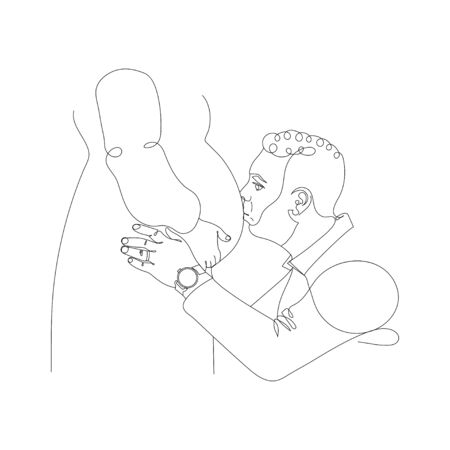 Continuous one line drawing of Happy pregnant woman with her husband, silhouette picture of family. Vector illustration. Pregnant couple in love expecting a child hand-drawn. Single hand drawn vector illustration.のイラスト素材