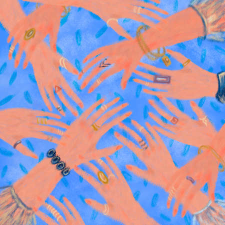 Hands of diverse group of women putting together. Concept of sisterhood, girl power, feminist community or movement, friendship, support and cooperation. Pastel colorful raster illustration.の写真素材