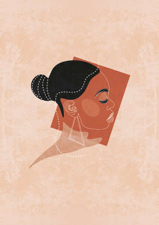 African woman. Boho style, bohemian art. A4 Poster. One line continuous art.の写真素材