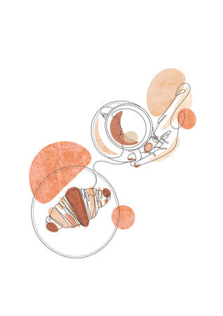 Coffee and croissant continuous line drawing element isolated on white background for logo or decorative element.  illustration of beverage form in trendy outline style.の写真素材