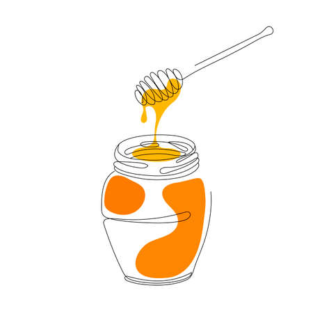 Continuous Editable one line drawing. Honey jar with dipper dripping. Sweet organic raw honey icon, contemporary outline design natural food store concept.のイラスト素材