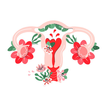 Female reproductive system in flowers. Woman gynecology anatomy health. Hand drawn flat style....