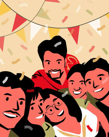 Happy group of people is standing together and taking selfie. Team of colleagues, students, happy men and women. Multinational society. Friendship, teamwork and cooperation. Vector flat illustration.のイラスト素材