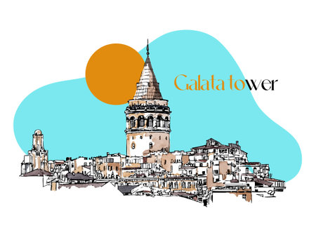 Vector sketch watercolor illustration with the Galata Tower in Istanbul, Turkey. Hand drawn famous turkish landmark, turkish sightseeing. Hand drawn sketch vector watercolor illustration. Simple urban sketch for postcards, logos or banners.のイラスト素材