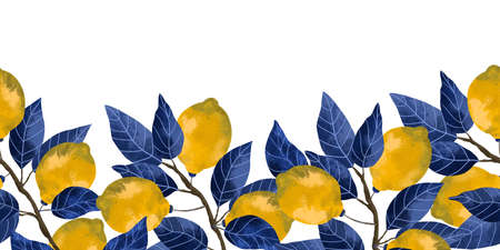 Lemon fruit branch frame. Realistic botanical illustration with citrus tree and leaves. Tropical seamless pattern with yellow lemons. Fruit repeated background. bright print for fabric or wallpaper.の写真素材