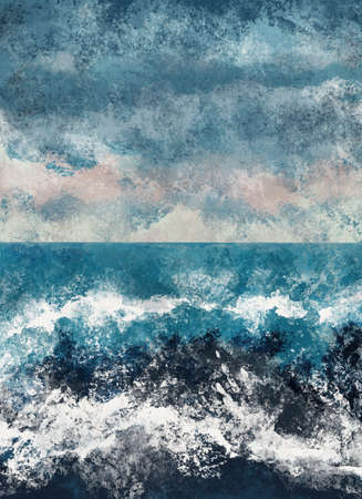 Boho Sea Beach with Waves Print. Abstract Background. Bohemian printable wall art, boho poster, pastel abstract art, landscape drawing, sea painting. Hand Drawn Effectの写真素材