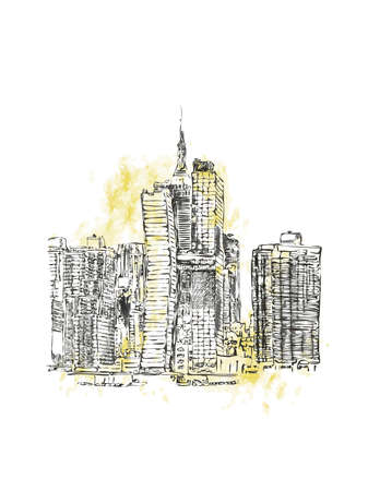 Empire State Building New York City landmark Manhattan downtown skyscrapers Hand drawn line art illustration New York, USA. Simple urban sketchのイラスト素材