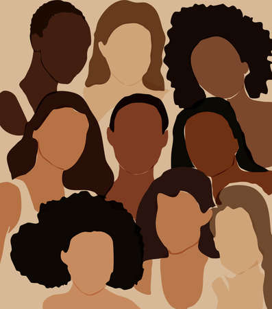 The concept of women's friendship and the movement for women's rights. Nine elegant silhouettes of girls and women in a minimalist boho style. Women of different skin and hair style together. International Women's Day.のイラスト素材