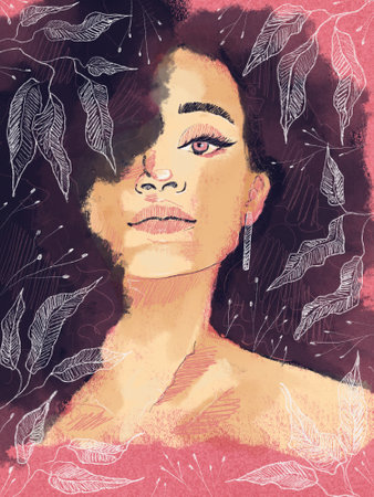 Thoughtful elegant girl in a pattern of white leaves. Pink and dark blue colors. Abstract Boho Woman Portrait Card. Minimalist Female simple Modern Art. Pastel, terracotta colors, Hand Drawn Contemporary card, logo Illustrationの写真素材