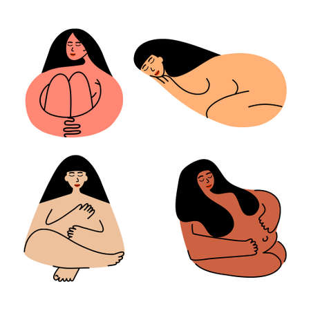 The concept of body positivity and the right attitude towards yourself. Self-acceptance of a woman. Four naked girls in different poses, pleased with their appearance. Flat vector illustrationのイラスト素材