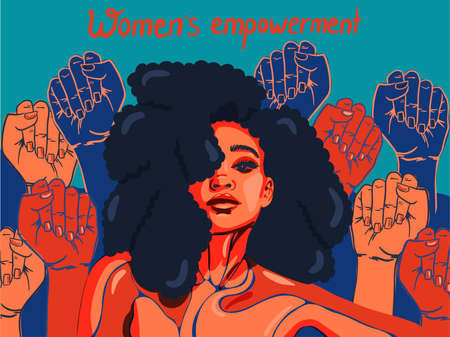 An elegant strong woman on the background of hands with a sign of equality, womens rights, unity and strength. Womens solidarity and womens empowerment. Womens rights conceptのイラスト素材