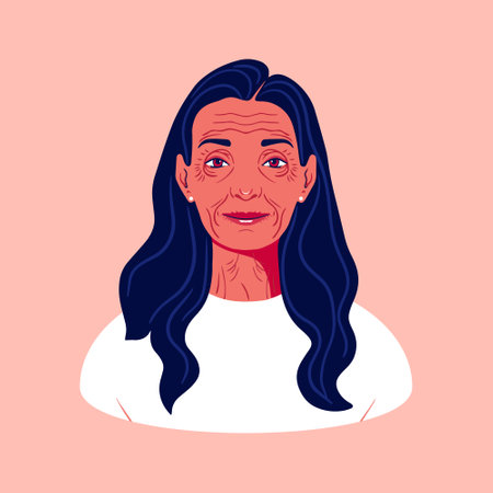 Portrait of an elder woman with wrinkles. Avatar happy grandmother. Woman beauty. Aging. Social networks. Vector flat illustrationのイラスト素材