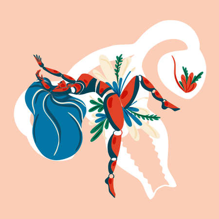 The woman on the background of the female womb. Menopause and fertility concept. Modern flat style illustration on pink backgroundのイラスト素材