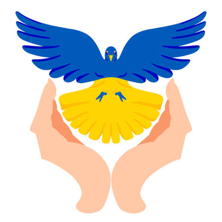 Hands are holding a peace dove in Urainian flag colors. No war concept. Blue and yellow conceptual idea - Support Ukraine. Peace art. Abstract patriotic ukrainian flagのイラスト素材