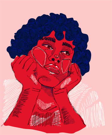 A young curly-haired guy, frustrated and depressive, looks to the side thoughtfully. Pencil and pen style. Modern authentic vector art on a pink background. Mental and psychological problems, anxiety, boredom and nostalgia.のイラスト素材