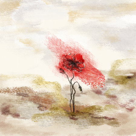 Abstract acrylic art with poppy on the field, smeared with red paint. The concept of sadness, nostalgia, memories. Gentle earth colors. Bohemian printable wall art, boho poster, pastel abstract art, landscape drawing, sea painting. Abstract Arrangements.の写真素材