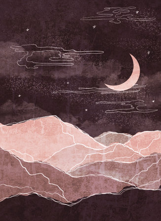 Abstract Landscape of Mountains with the Moon in a Minimal Trendy Style. Purple Colors for covers, Posters, Postcards, social media Stories. Boho Art Printsの写真素材