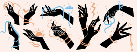Elegant set of isolated elements of female cartoon flat black silhouettes of hands in orange and blue jewelry with sun, moon, stars, lightning, snake, ribbons, rings and bracelets. Different vector gestures.のイラスト素材