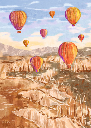 Abstract art print of Cappadocia, Turkey with rock mountains and balloons in the sky. Abstract Minimal Background. Bohemian printable wall art, boho poster, pastel abstract art, landscape drawing, nature painting. Abstract Arrangementsの写真素材