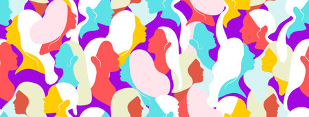 Seamless bright pattern of female silhouettes 2023. The concept of femininity, female solidarity, strength, diversity and freedom. Protection of womens rightsのイラスト素材