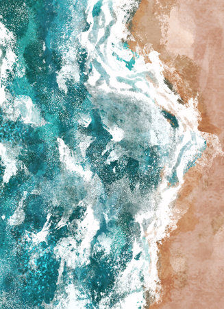 Boho Sea Beach with Waves Print. Abstract Background. Bohemian printable wall art, boho poster, pastel abstract art, landscape drawing, sea painting. Hand Drawn Effectの写真素材