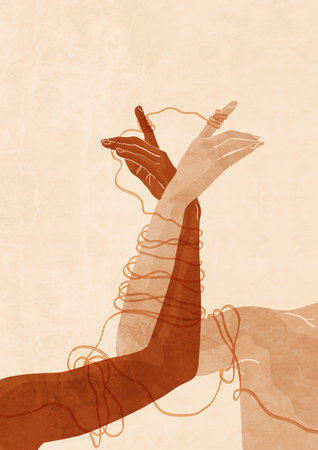 Two hands held together with red thread. The concept of romantic relationships, support, help, make a promise, for memory. Boho elegant poster.の写真素材