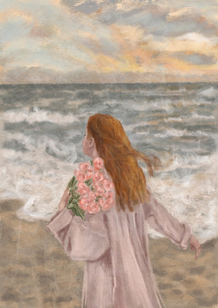 A woman running along the seashore. Modern Boho Pink Sea with Waves Art Print. Abstract Minimal Background. Bohemian printable wall art, boho poster, pastel abstract art, landscape drawing, sea painting. Abstract Arrangementsの写真素材