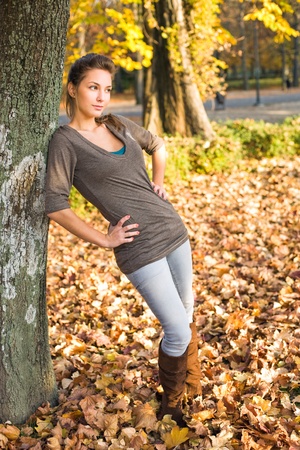 Attractive young brunete in sunlit autumn park.の写真素材
