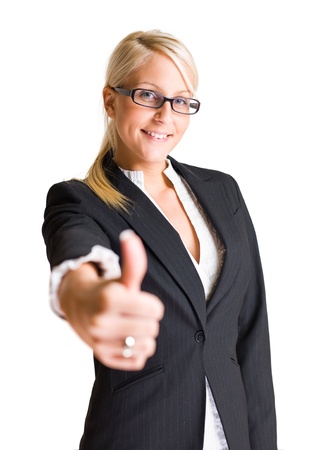 Portrait od friendly attractive blond business woman showing thumbs up isolated on white background.の写真素材