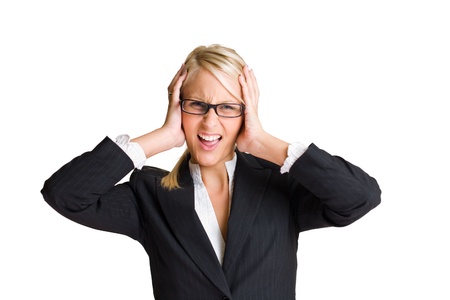 Portrait of beautiful young business woman with strong shock expression isolated on white background.の写真素材