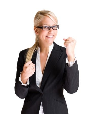 Portrait of beautiful young business woman in victorious pose isolated on white background.の写真素材