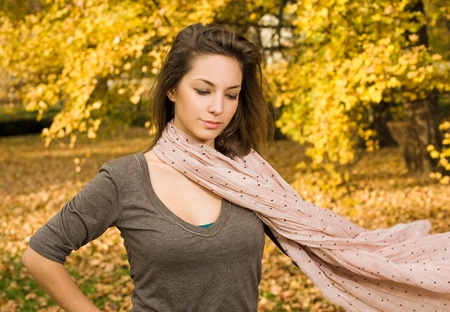Portrait of fall fashion girl with flowing scarf.の写真素材