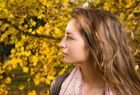Closeup portrait of gorgeous autumn fashion girl.の写真素材
