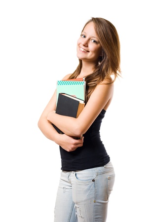 Half length portrait of happy young student girl isolated on white background.の写真素材