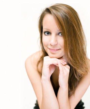 Closeup portrait of friendly beautiful smiling woman.の写真素材