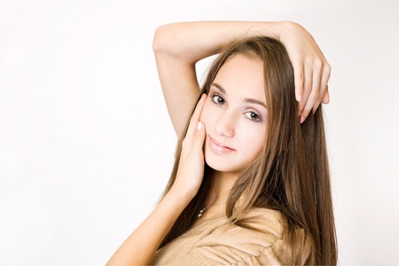 Closeup portrait of gorgeous brunette teen girl with copy space.の写真素材