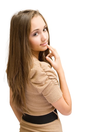 Portrait of a gorgeous brunette girl gesturing thoughtfully.の写真素材
