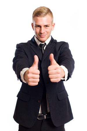 Portrait of young businessman showing two thumbs up for you.の写真素材