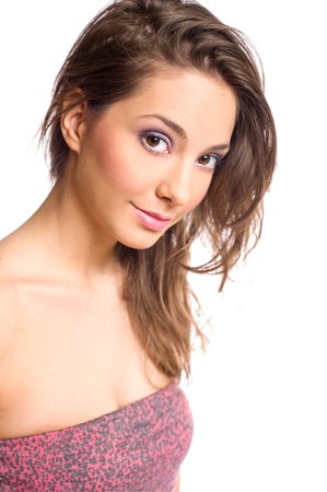 Gorgeous young brunette in elegant colorful makeup.の写真素材