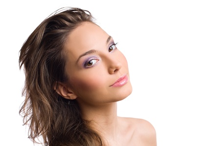 Gorgeous young brunette in elegant colorful makeup.の写真素材
