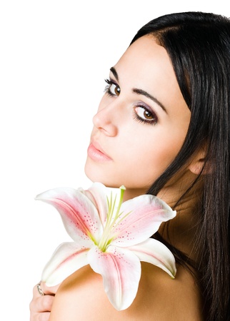 Closeup portrait of young brunette beauty in light makeup の写真素材