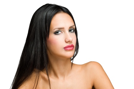 Cloeup portrait of a dramatic gorgeous brunette beauty, isolated on white background.の写真素材