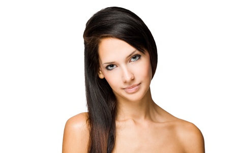Beauty shot of young brunette woman isolated on white background.の写真素材