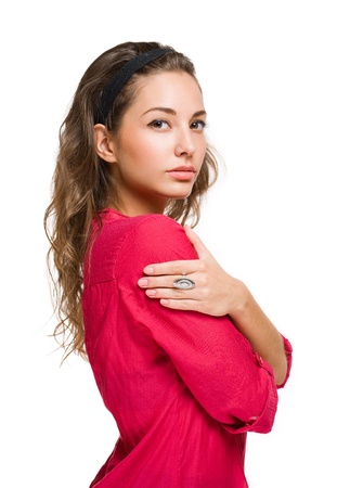 Portrait of a pensive beautiful brunette woman.の写真素材