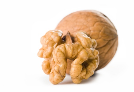 Closeup of ripe appetizing walnut isolated on white background.の写真素材