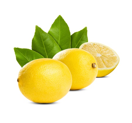 Healthy ripe lemon and leaves on white background.の写真素材