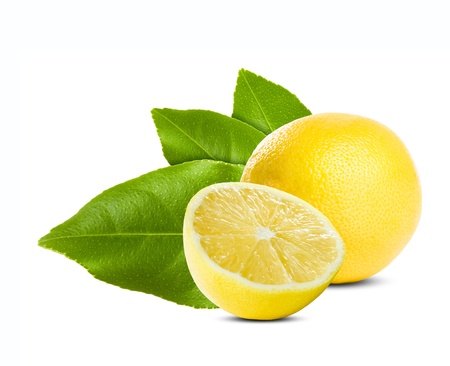 Assortment of juicy fresh lemon with green leaves isolated on white background.の写真素材