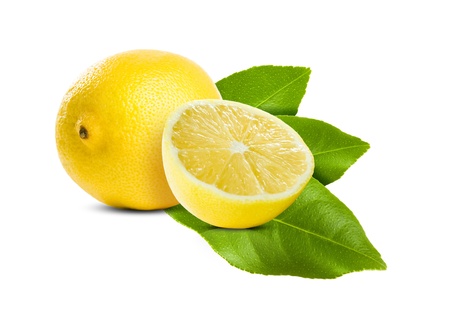 Healthy ripe lemon and leaves on white background.の写真素材