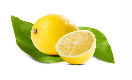 Assortment of juicy fresh lemon with green leaves isolated on white background.の写真素材